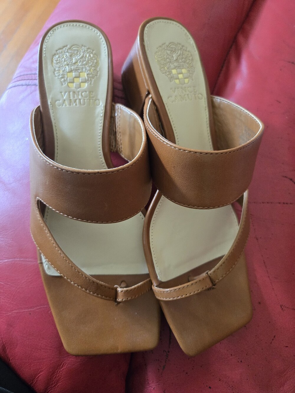 Vince Camuto Cognac Brown Leather Double-Strap Heels